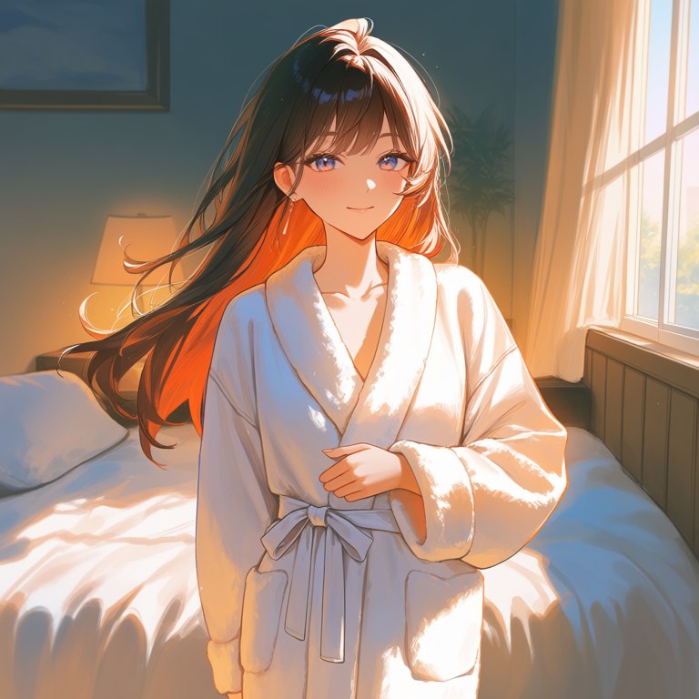 Anime character in warm window light, shown as an art style reference